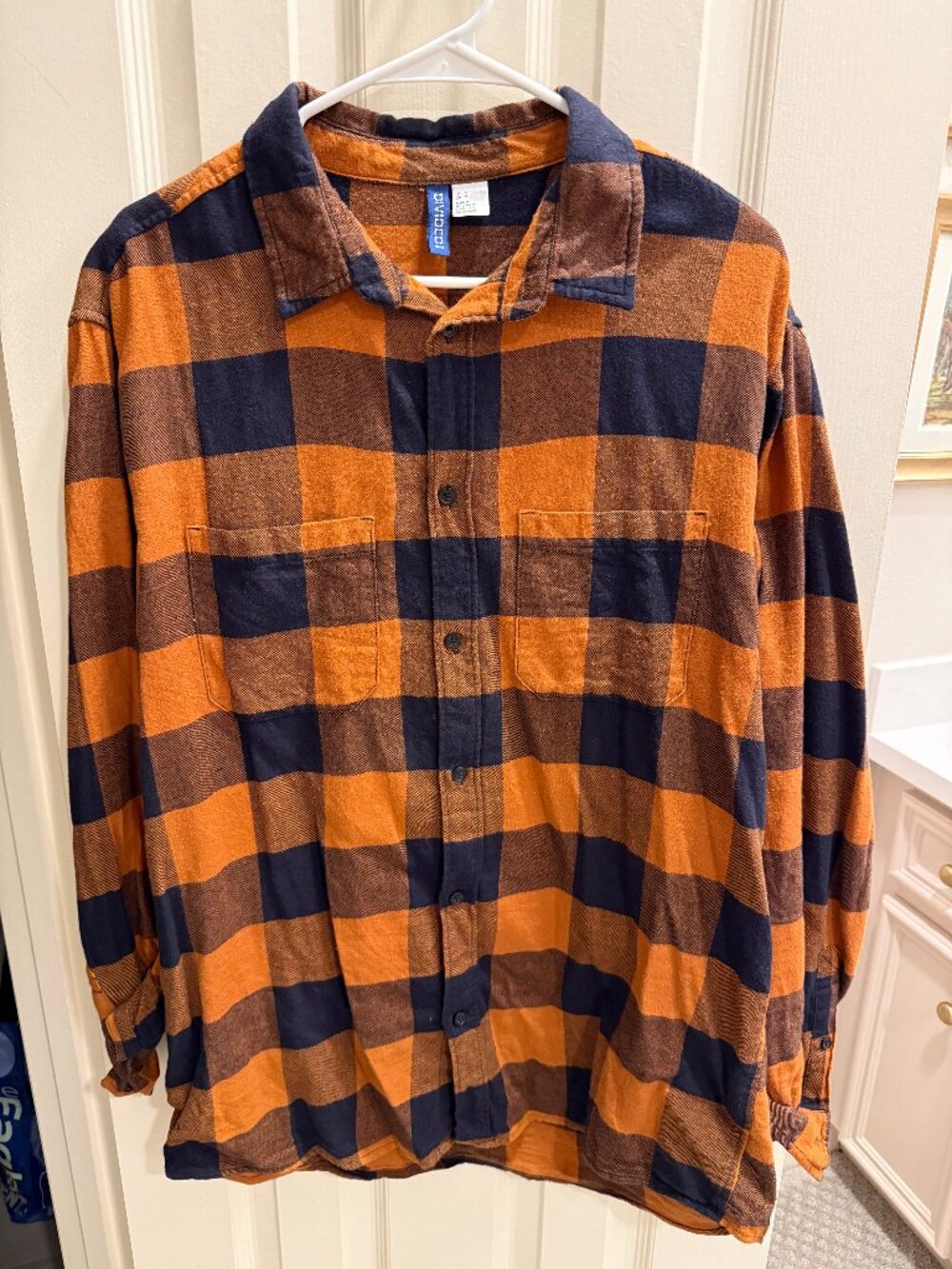 H&M Divided Men's Large Orange Navy Buffalo Plaid Flannel Shirt